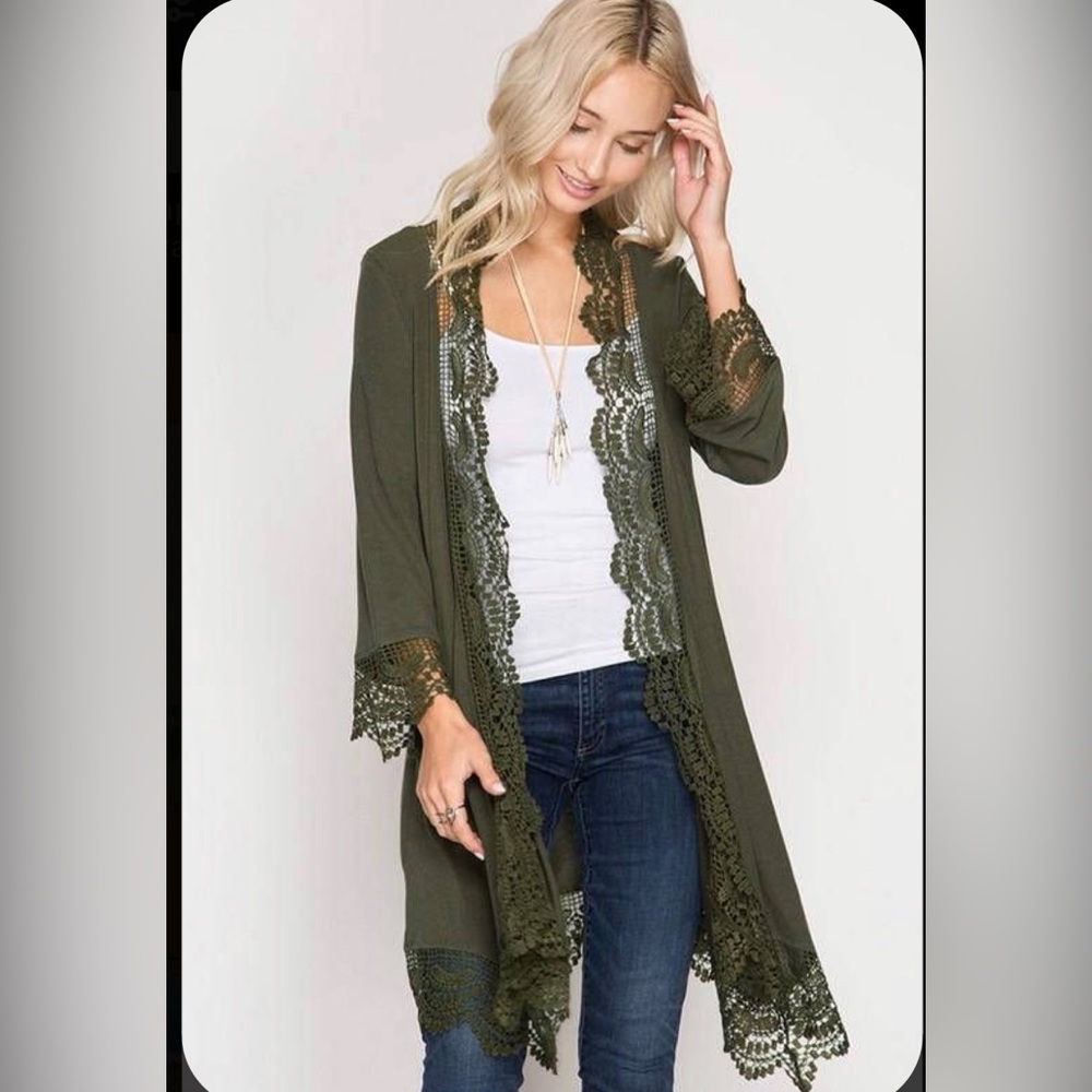 Lace Trim Green Kimono